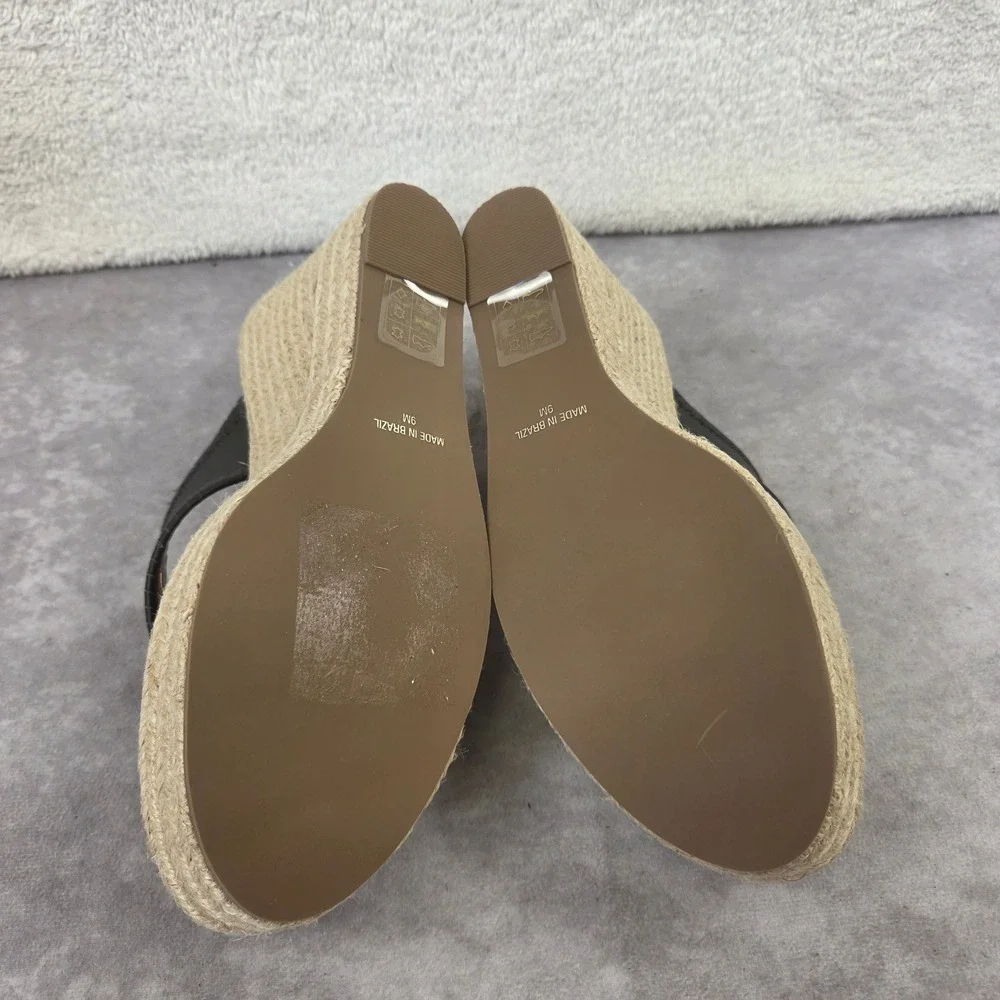 Jack Rogers Black Leather Whipstitch Rondelle Espadrille Wedge Sandals Womens 9M